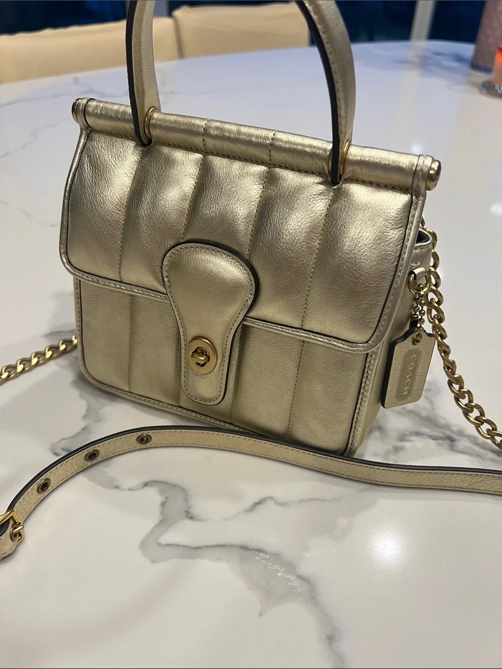 Coach Metallic Gold Quilted Leather Satchel with Chain Strap